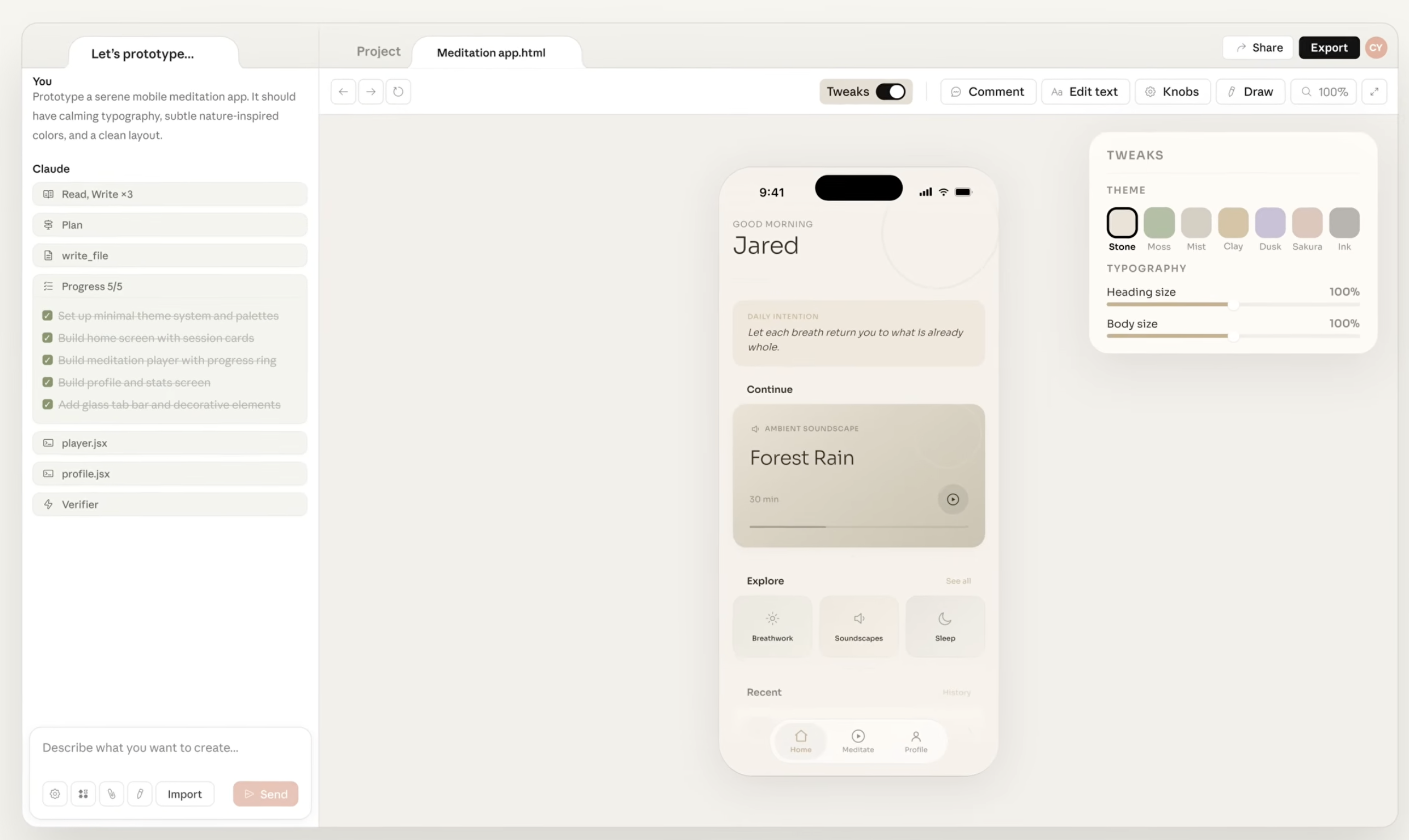 Claude Design interface showing prompt-based visual editing with live refinement controls